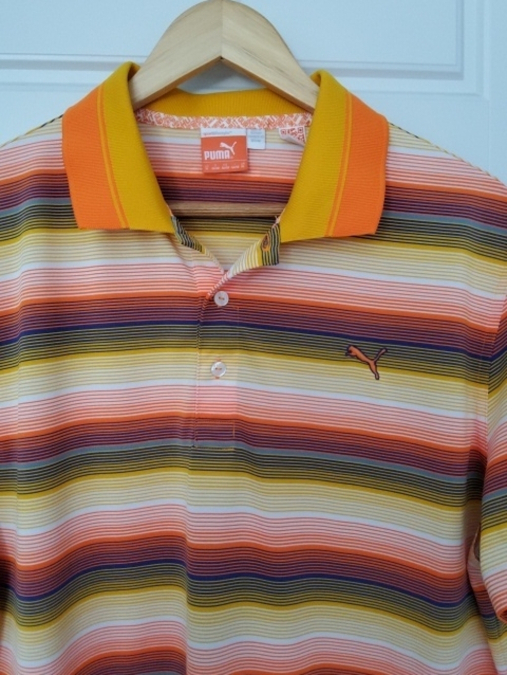 Puma Men’s Orange and Yellow Striped Polo Shirt